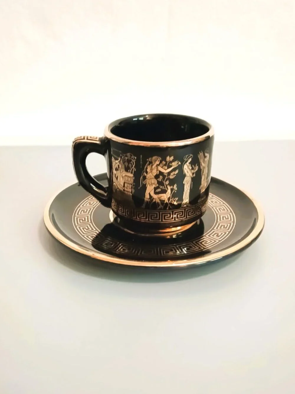 ST Greek Key Demitasse Teacup & Saucer Vintage Hand Made with 24K Gold Trim